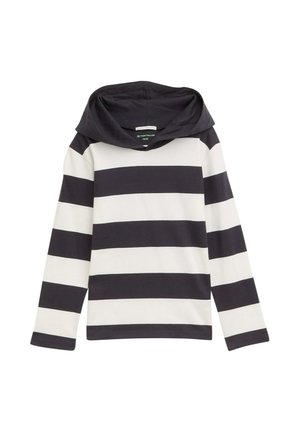 Langarmshirt mit Kapuze, mit horizontalen navyblauen und weißen Streifen. Hergestellt aus einem weichen Stoff mit einer lockeren Passform.