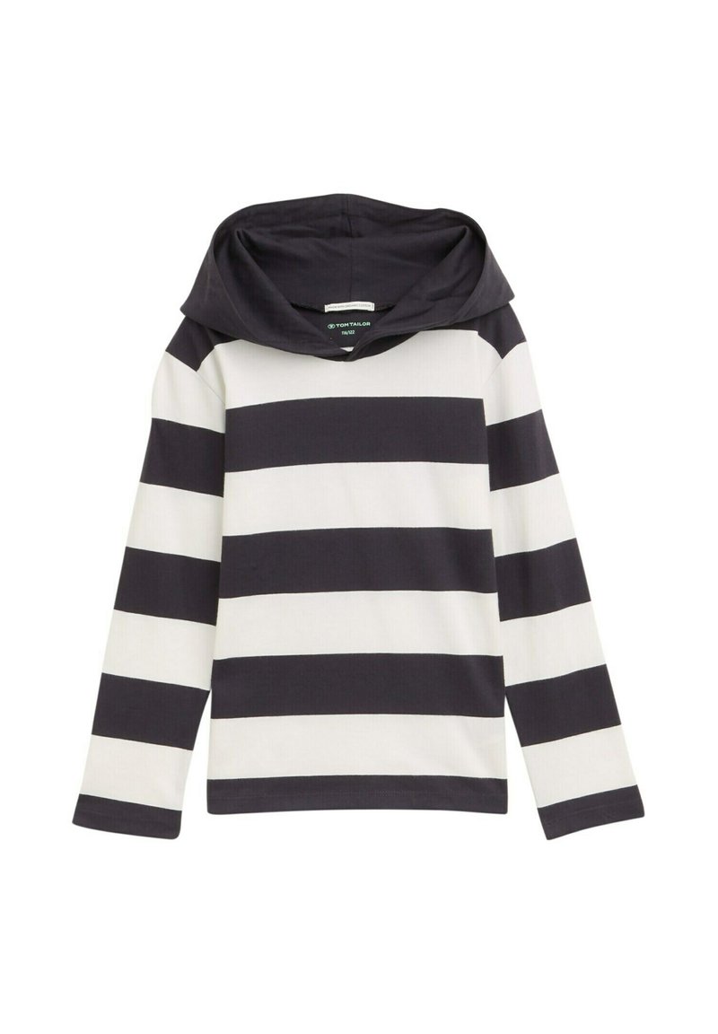 Langarmshirt mit Kapuze, mit horizontalen navyblauen und weißen Streifen. Hergestellt aus einem weichen Stoff mit einer lockeren Passform.