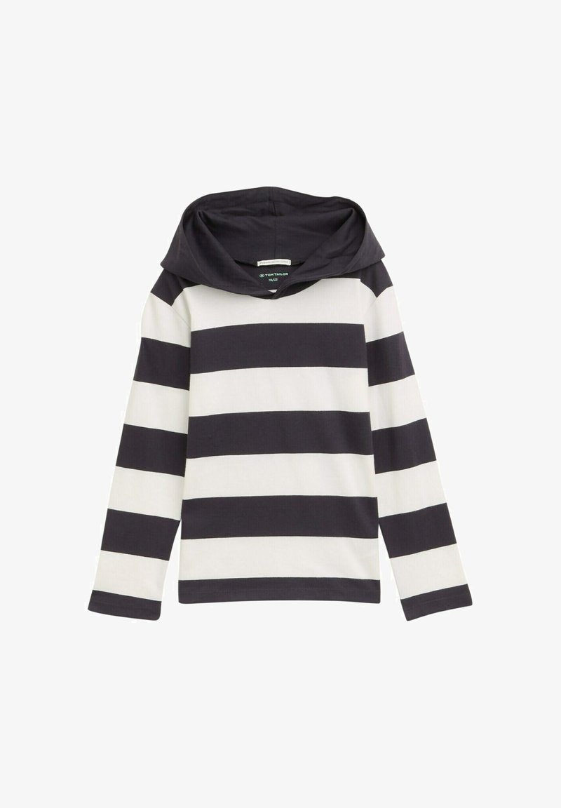 Chemise à manches longues avec capuche, présentant des rayures horizontales bleu marine et blanches. Fabriquée en tissu doux avec une coupe décontractée.