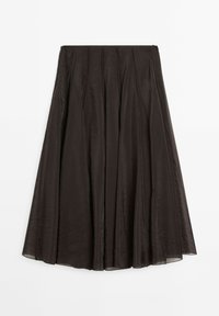 Gonna midi A-line marrone scuro con dettagli delle cuciture verticali, tessuto leggero e chiusura con zip sul retro.