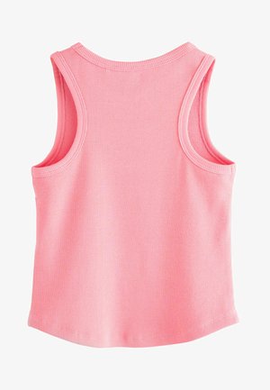 Débardeur rose côtelé avec un col rond, sans manches et ourlet droit. Texture tissée avec des détails de couture visibles.