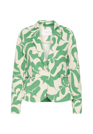 Blazer pour femmes blanc avec un motif abstrait vert en tourbillon, fermeture à un bouton, revers crantés et deux poches avant.