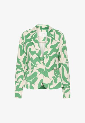 Sacou alb pentru femei, cu un model abstract în spirale verzi, închidere cu un singur buton, rever tăiat și două buzunare frontale.