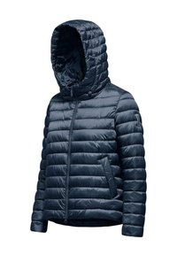 Giubbotto puffer blu navy con design trapuntato, cappuccio e chiusura frontale con zip, dotato di polsini a coste e tasche laterali per un'utilità aggiuntiva.