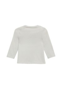 Effen lichtgrijze peuter shirt met lange mouwen plat gelegd, toont de achterkant met een ronde hals en eenvoudige stiksels.