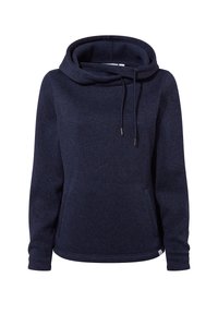Navy blue hooded sweatshirt made of textured fabric, featuring a large cowl neck, front pocket, and adjustable drawstrings with metal tips.