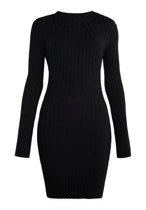 Černé žebrované pletené šaty s dlouhými rukávy, kulatým výstřihem a přiléhavým střihem, s vertikálními pruhy a texturovaným povrchem.