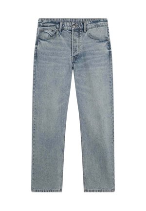 Lichtgewassen denim jeans met een recht gesneden ontwerp, vijf zakken en een knoopsluiting. De textuur lijkt zacht met subtiele vervaging.