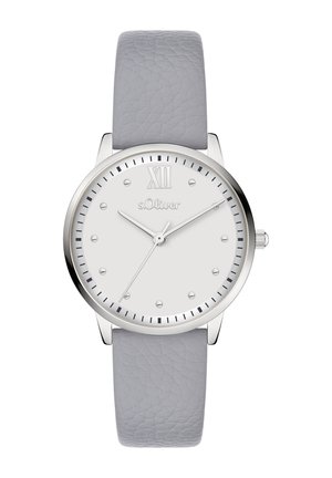 Silberne Metalluhr mit weißem Zifferblatt, grauem, strukturiertem Lederarmband, Stundenmarkierungen und Zeigern, mit einer auffälligen römischen Zahl XII.