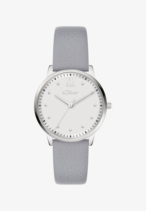 Silberne Metalluhr mit weißem Zifferblatt, grauem, strukturiertem Lederarmband, Stundenmarkierungen und Zeigern, mit einer auffälligen römischen Zahl XII.