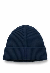 Knitted navy blue beanie with ribbed texture. Features a folded hem and a rounded crown. Soft material enhances warmth and comfort.
