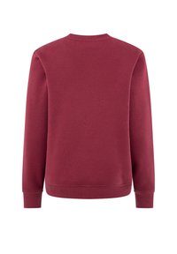 Bordowy sweatshirt, mieszanka bawełny, okrągły dekolt, długie rękawy z prążkowanymi mankietami i dołem, gładka faktura, minimalne detale.