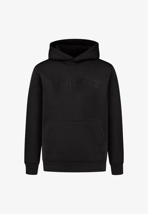 Schwarzer Kapuzenpullover mit Kängurutasche, gerippten Bündchen und unteren Saum. Strukturiertes Logo in einem leicht erhabenen, tonal gehaltenen Druck über die Brust.