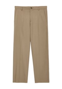 Pantaloni beige plissettati in tessuto leggero; presentano una chiusura con bottone, due tasche laterali e un design dritto su misura.