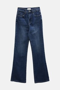 Dark blue denim jeans with a wide-leg design, featuring standard pockets, front button closure, and stitching along the seams.