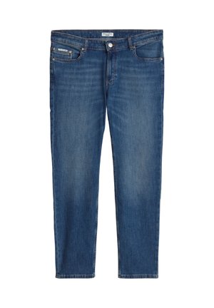 Blaue Herren-Jeans aus Denim mit mittlerer Leibhöhe und geradem Bein, ausgestattet mit fünf Taschen, Metallknopf und minimalem Verblassen für einen klassischen Look.