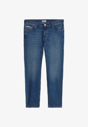 Męskie niebieskie jeansy z denimu o średnim stanie i prostych nogawkach, wyposażone w pięć kieszeni, metalowy guzik oraz minimalne przetarcia dla klasycznego wyglądu.