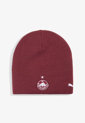 Bordeauxrode gebreide muts met het FC Salzburg-logo en het witte Puma-logo aan de onderrand.