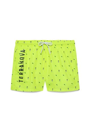 Costume da bagno giallo neon con coulisse bianca, piccoli motivi di bevande e lime, e la scritta "TERRANOVA" in nero e in grassetto lungo il lato sinistro.