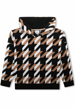 Bluza z kapturem z geometrycznym wzorem pepitki w czerni, bieli i brązie, ściągaczami oraz metką "BOSS" wewnątrz kołnierza.