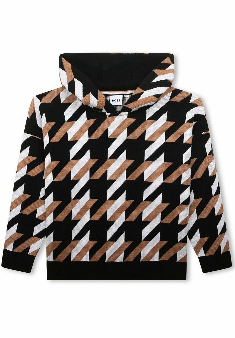 Sweat à capuche avec motif pied-de-poule géométrique noir, blanc et marron, poignets côtelés et étiquette "BOSS" à l'intérieur du col.