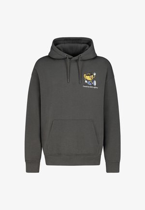 Gray hooded sweatshirt made from soft fabric, featuring a front pocket, drawstring hood, and a cartoon coffee cup graphic with text.
