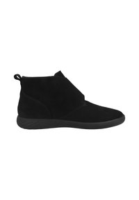 Botas de tobillo de ante negro con un acabado suave, que presentan un diseño curvado, paneles laterales elásticos y una suela de goma negra texturizada.