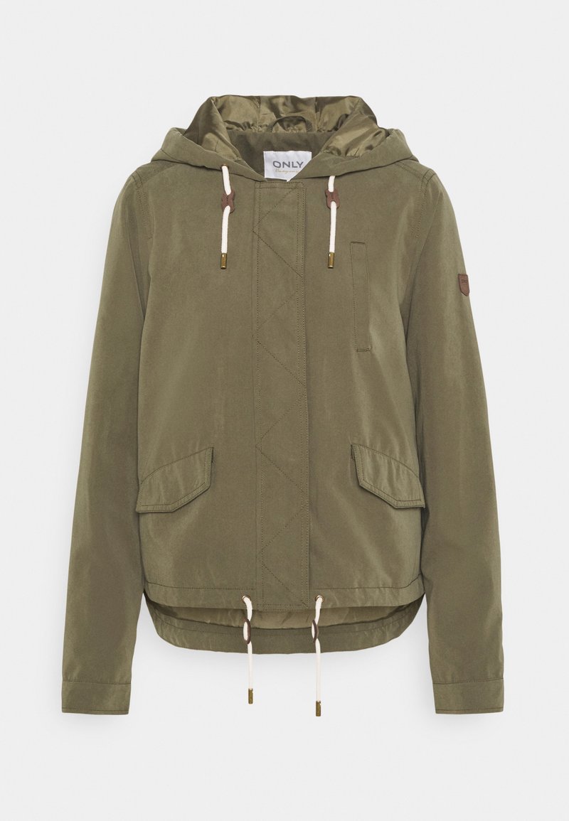 Olive green hooded jacket with a quilted texture, adjustable drawstrings, two side pockets, and a logo patch on the sleeve.