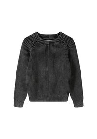Dark gray knitted sweater with a ribbed texture, crew neckline, and raglan sleeves, featuring fitted cuffs and hem. Simple design.