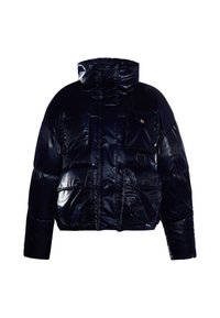 Marineblaues Puffer-Jacke mit glänzender Oberfläche, hohem Kragen und zwei vorderen Taschen. Die Jacke verfügt über eine Klapptasche und einen gerafften Saum für eine figurschmeichelnde Passform.