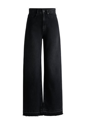 High-waist black denim wide-leg jeans with front button, pockets, and raw hem detailing.