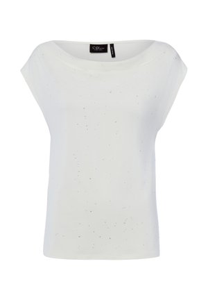 White sleeveless women's top with boat neckline and subtle scattered small silver embellishments, brand label inside collar.