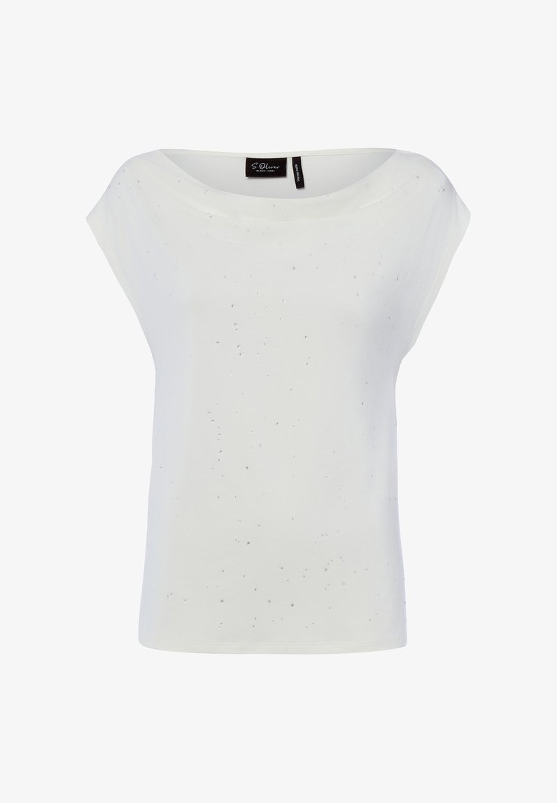Débardeur blanc pour femme avec encolure bateau et petites décorations argentées discrètes et dispersées, étiquette de marque à l’intérieur du col.