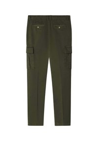Cargo broeken in donkergroen, gemaakt van duurzaam katoen, met twee zijzakken, twee achterzakken en een rechte pijp.