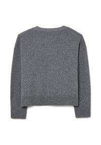 Suéter gris de punto con un corte relajado, cuello redondo y puños acanalados. Textura suave, color sólido y diseño de espalda sin costuras.