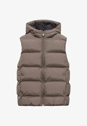 Gilet rembourré en taupe, doté d'une fermeture éclair à l'avant, d'une capuche et d'un design matelassé avec des sections horizontales. Matériau lisse et résistant à l'eau.