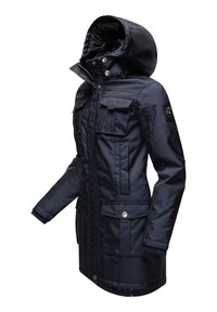Marine gewatteerde parka-jas met capuchon, voorzien van meerdere voorkooi, rits sluiting, drukknoopsluitingen en ribgebreide manchetten voor warmte.