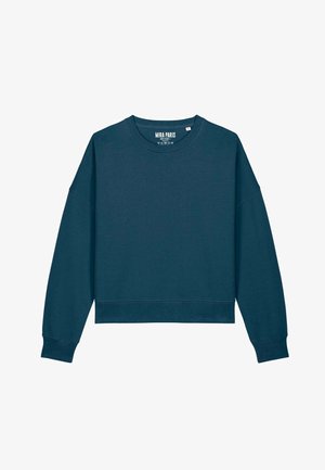 Donkergroene cropped sweatshirt met lange mouwen, zachte textuur, geribbelde manchetten en zoom, voorzien van een ronde hals met merkembleem aan de binnenkant.