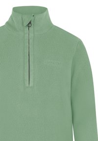 Svetlozelený fleece pulóver s vysokým golierom, zapínaním na zips vpredu, embosovaným logom na hrudi a textúrovaným povrchom látky.