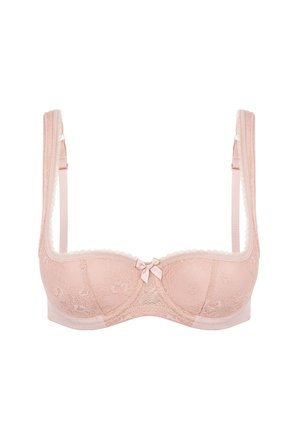 Beżowy koronkowy biustonosz o miękkiej fakturze, z fiszbinami, falistymi brzegami, regulowanymi ramiączkami i małą kokardką na środku z przodu.