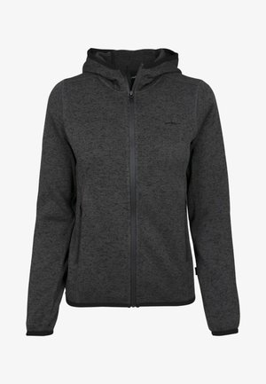 Kapuzenshirt in Dunkelgrau, aus weichem Material gefertigt, hat einen durchgehenden Reißverschluss, elastische Bündchen und eine glatte Textur, mit einem schlichten Design.