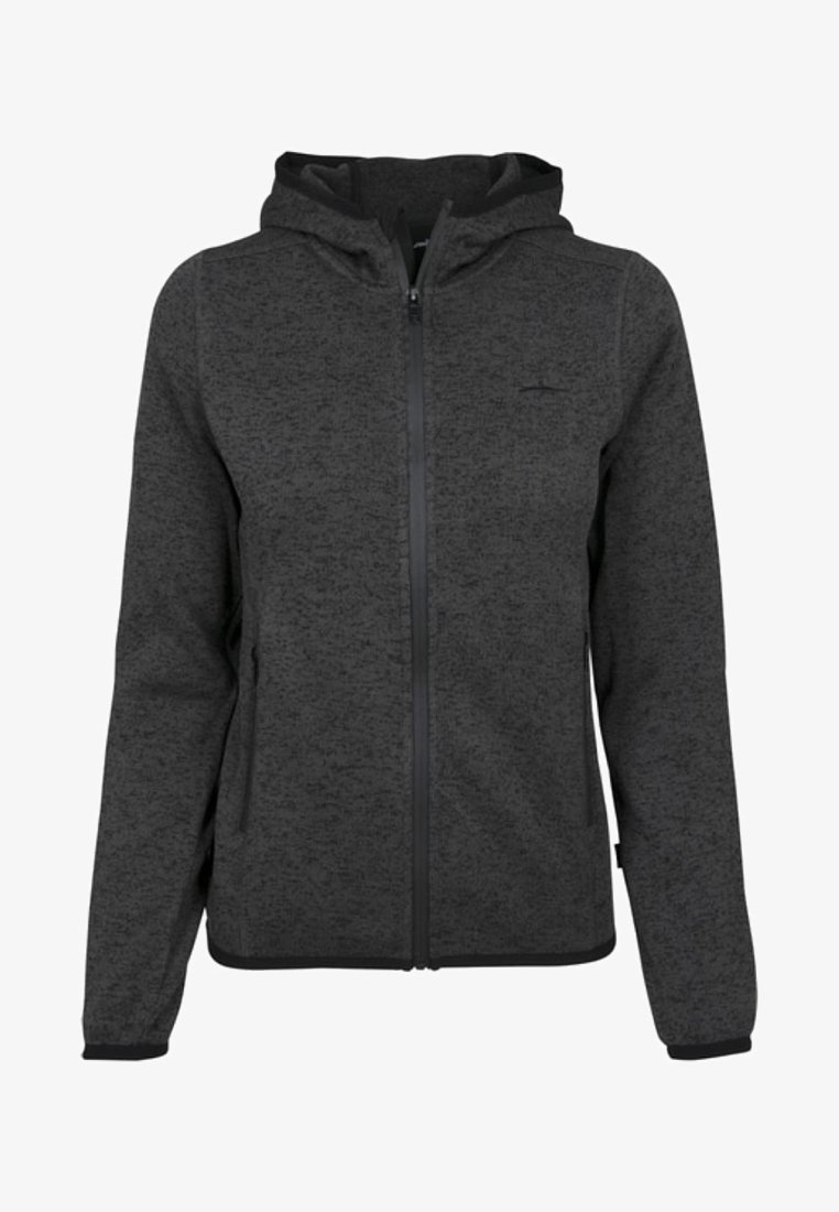 Mikina s kapucňou v tmavosivej farbe, vyrobená z jemnej tkaniny, ponúka plný zips, elastické manžety a hladkú textúru, s jednoduchým designom.