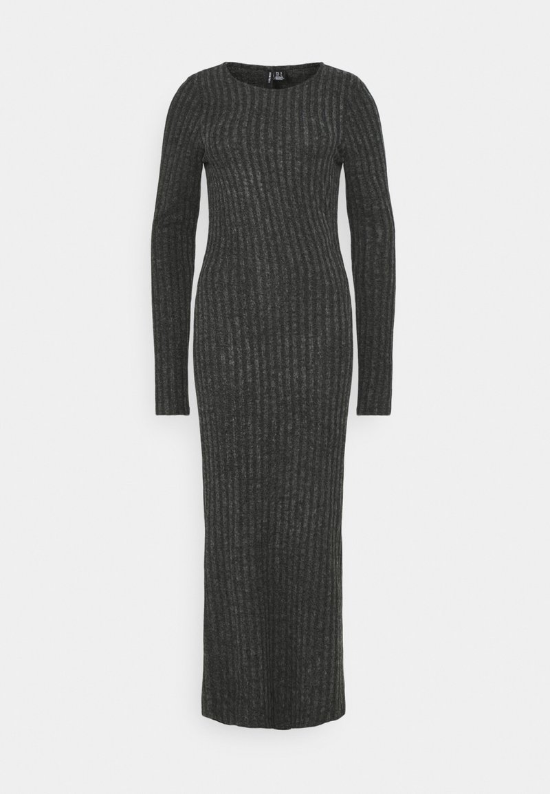 Robe maxi en maille côtelée gris charbon à manches longues, col rond et coupe ajustée.
