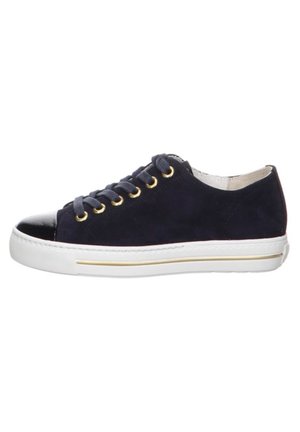 Navy suede sneaker with black patent toe, gold eyelets, white sole, and subtle gold stripe. Low-profile design, casual style.