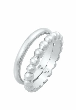 Two polished silver rings, one smooth band and one beaded band, both stamped with "925" indicating sterling silver.