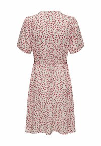 Kukkamekko lyhyillä hihoilla, valmistettu kevyestä kankaasta. Valkoinen tausta, jossa on punaisia ja vaaleanpunaisia kukkia, ja nauhakuja vyötäröllä.