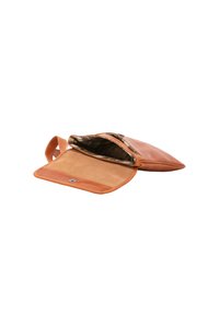 Borsa in pelle marrone chiaro con una texture liscia, dotata di un'apertura superiore e di una morbida fodera interna. Include una chiusura a scatto sul davanti.