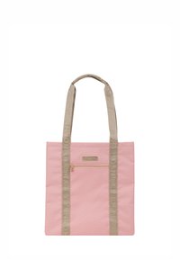 Pink tote bag with textured fabric, featuring a gold-tone zipper pocket and beige logo-embossed straps. Rectangular shape, casual design.