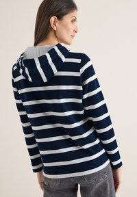 Hoodie à rayures bleu marine et blanches avec capuche à cordon de serrage et texture douce, doté de manches longues et d'une coupe décontractée. Vue de dos affichée.