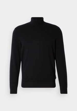 Schwarzer Rollkragenpullover aus Strickmaterial, mit langen Ärmeln und figurnahem Design. Glatte Textur mit geripptem Kragen und Saum.